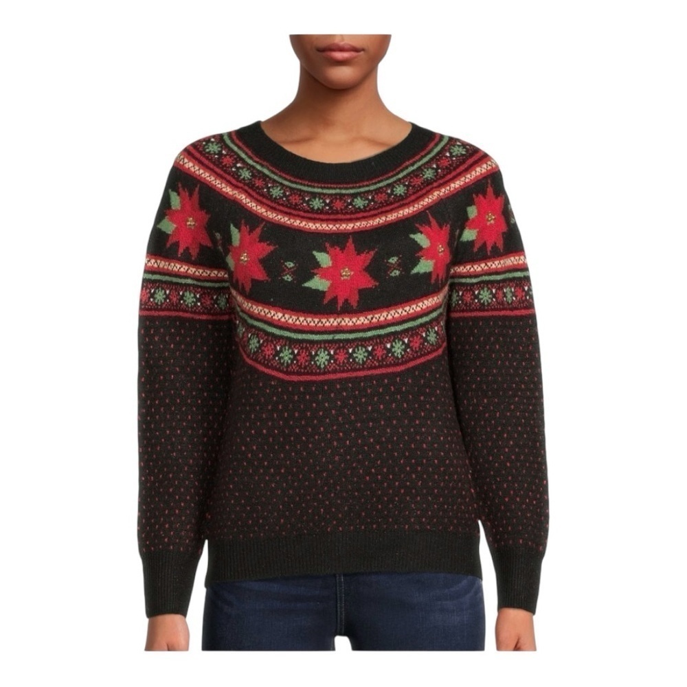 Holiday Time Poinsettia Holiday Sweater Crew Neck Black Red Womens Plus Sz S 4-6